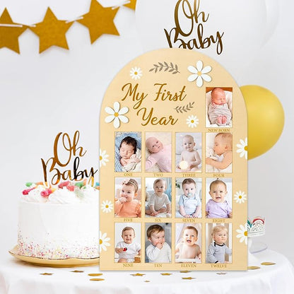 R HORSE My First Year Photo Display Wood Board, 3D Daisy Baby's First Year Picture Frame 12 Months Milestone Board Neutral Baby Keepsake Birthday Nursery Decor Gift for Boy Girl