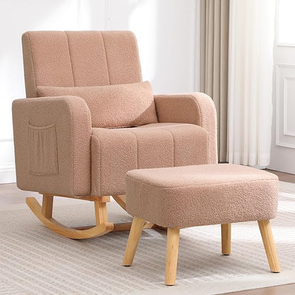 Rocking Chair with Ottoman, Upholstered Glider Rocker with High Backrest and Side Pocket, Comfy Reading Chair with Solid Wood Legs for Nursery, Living Room,Bedroom Coffee