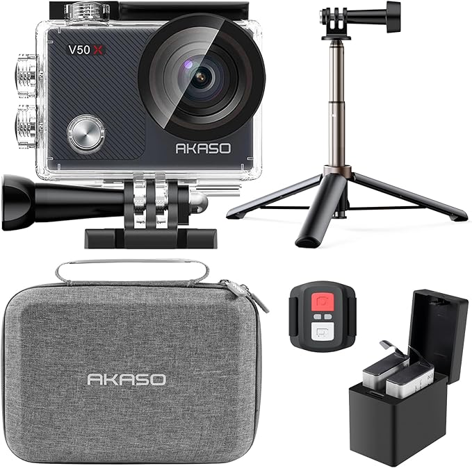 AKASO V50X Native 4K30fps WiFi Action Camera with EIS Touch Screen 4X Zoom 131 feet Waterproof Camera Support External Mic Remote Control (with Selfie Stick Tripod and Carry Bag)
