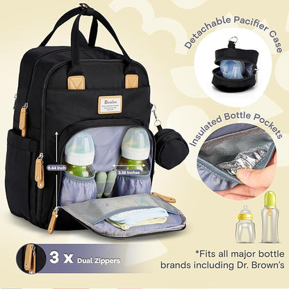 RUVALINO Diaper Bag Backpack, Multifunction Travel Pack Maternity Baby Changing Bags, Large Capacity, Waterproof, Black