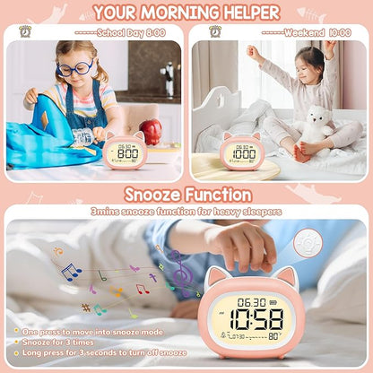 Kids Alarm Clock with Night Light for Kids, Small Digital Alarm Clocks for Bedrooms, Routine Builder, Cute Cat Alarm Clock with Sleep Training, Snooze, 12/24H, Date & Day, Temperature, USB Port