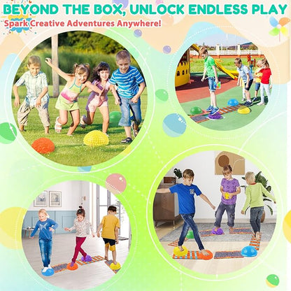 Stepping Stones for Kids, Textured Balance Pods and Adventure Floor Mats Set with Game Spinner for Kids Adults, Obstacle Course Sensory Toys Great for Indoor Outdoor Play Family Fitness Fun