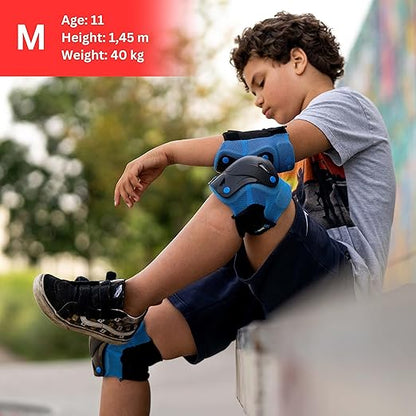 SKATEWIZ Knee Pads for Kids - Knee and Elbow Pads Set - PROTECT-1 - Size S Blue - Wrist Guards for Skating, Skateboard, BMX and Scooter 8-12