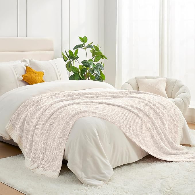 Snuggle Sac Buttery Ivory Throw Blanket for Couch, Reversible Super Soft Knitted Blankets, Warm Cozy Knit Fuzzy Plush Lightweight Throws Dupes for Sofa, Bed, Picnic, Ivory, 50 x 60 inches