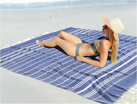 Oversized Turkish Beach Towel Blanket XXL Cotton Sandproof Towels Boho Woven Extra Large Big Sand Free Giant Throw Thick Blankets Huge Quilt XL Picnic Camping Necessities Cloud For Adult Gifts Blue