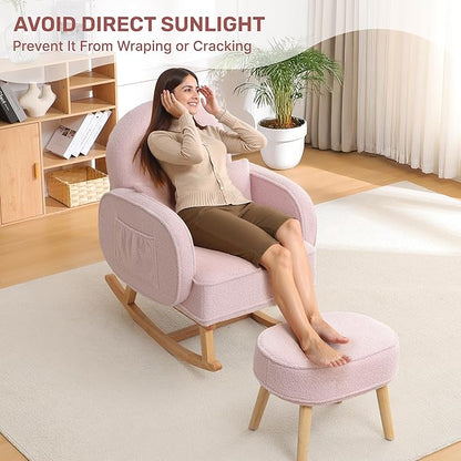 Rocking Chair Nursery with Ottoman, Upholstered Glider Rocker with High Backrest and Side Pocket, Rocking Accent Armchair with Solid Wood Legs for Nursery/Living Room/Bedroom Pink
