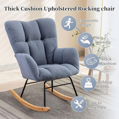 NIOIIKIT Nursery Rocking Chair Teddy Upholstered Glider Rocker Rocking Accent Chair Padded Seat with High Backrest Armchair Comfy Side Chair for Living Room Bedroom Offices (Light Blue)