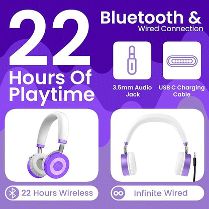Puro Sound Labs JuniorJam Plus Volume-Limiting Wireless Bluetooth Headphones for Kids, Secure Audio with Adjustable On-Ear Design, 22-Hour Battery, Ideal for Tablets, Smartphones & PCs - Purple