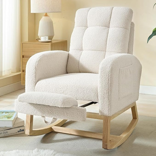 NIOIIKIT Modern Nursery Rocking Chair, Teddy Upholstered Rocking Chair with Footrest, Comfortable Rocker Chair with Side Pocket, Rocker Chair for Living Room, Bedroom, Nursing Room (White)