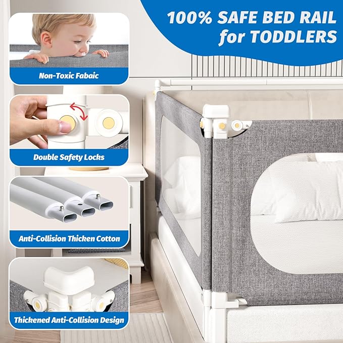 3-Piece Full Size Bed Rails for Toddlers, with Headboard Rod -Height Adjustable Baby' Safety Bed Rails Guard for Full Size Bed(3Pack 74.8"x74.8"x54"-Gray)