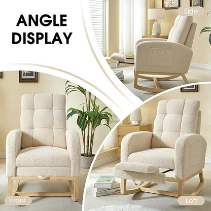 NIOIIKIT Modern Nursery Rocking Chair, Teddy Upholstered Rocking Chair with Footrest, Comfortable Rocker Recliner with Side Pocket, Rocker Glider for Living Room, Bedroom, Nursing Room (Apricot)
