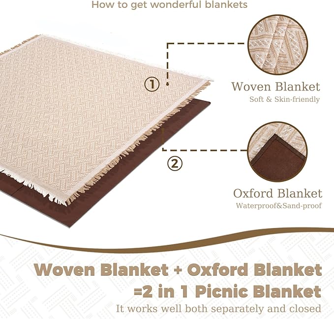 Genovega 2 in 1 Extra Large Outdoor Picnic Blanket Waterproof Woven Boho Mat Giant Beach Towel Travel Essential Yoga Accessories Park Patio Lawn Garden Grass Ground Music Festival Concert Must Have