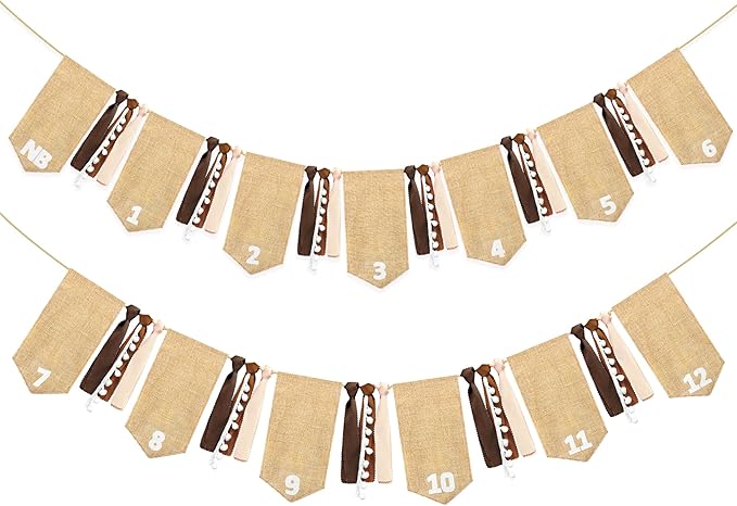 pinkblume 1st Birthday Burlap Photo Banner Garland Handmade Felt from Newborn to 12 Months with Gradient Brown Ribbon for Baby Boy Girl Monthly Milestones First Birthday Party Decoration Supplies