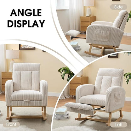 NIOIIKIT Nursery Rocking Chair, Corduroy Upholstered Rocking Chair with Adjustable Footrest, Tufted Rocker Chair with Side Pocket, Glider Rocker for Living Room, Bedroom (Cream Casual)