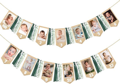 pinkblume 1st Birthday Burlap Photo Banner Garland Handmade Felt from Newborn to 12 Months with Gradient Sage Green Ribbon for Baby Boy Girl Monthly Milestones First Birthday Party Decoration Supplies
