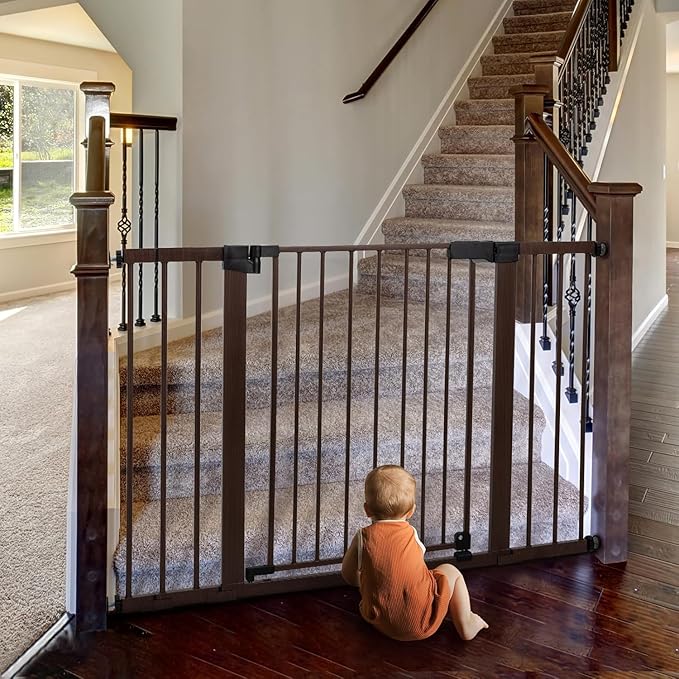 Babelio Metal Auto Close Baby Gate,Extra Wide Pet Gate for The House and Doorways, Pressure Mounted Walk Thru Child Gate with Door (Black Wood Pattern, 30" Tall 29"-55" Wide)