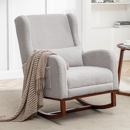 Rocking Chair Nursery with Foot Rest, Wingback Nursery Rocking Chairs, Teddy Nursing Glider Rocker Chair with Pillow and High Back for Nursery, Living Room, Bedroom, Grey
