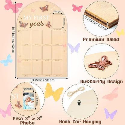 R HORSE My First Year Photo Frame Board, 3D Butterfly Baby First Year Picture Frame 12 Months Milestone Display Wood Board Baby Keepsake 1st Birthday Nursery Decor Gift for Boy Girl