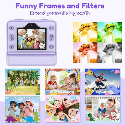 Instant Camera, Instant Print Camera for Kids with 1080P Videos, Front Rear Dual Selfie, 3 Rolls Print Paper & 32GB SD Cards, Christmas Birthday Gifts for Girls Age 3-12