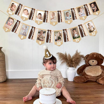 pinkblume 1st Birthday Burlap Photo Banner Garland Handmade Felt from Newborn to 12 Months with Gradient Brown Ribbon for Baby Boy Girl Monthly Milestones First Birthday Party Decoration Supplies