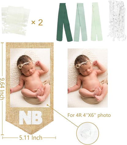 pinkblume 1st Birthday Burlap Photo Banner Garland Handmade Felt from Newborn to 12 Months with Gradient Sage Green Ribbon for Baby Boy Girl Monthly Milestones First Birthday Party Decoration Supplies