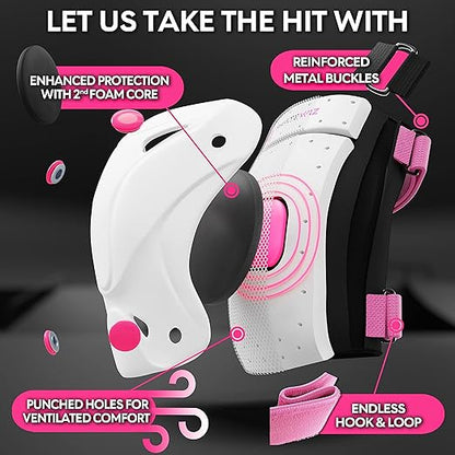 SKATEWIZ Knee Pads for Kids - Knee and Elbow Pads Set - PROTECT-1 - Size M Pink White - Wrist Guards for Skating, Skateboard, BMX and Scooter 8-12