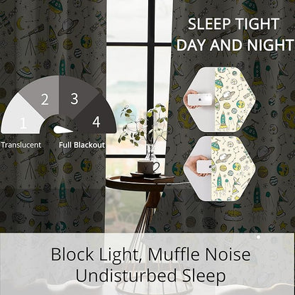 Kids Space UFO and Rocket Blackout Curtains - 100% Blackout, Thermal Insulated, Noise Reducing, Perfect for Kids Room and Nursery, 2 Panels (Space Explorer Sketchbook, W52×L63)