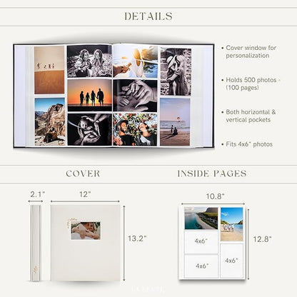 Premium Scrapbook Album – Acid-Free Photo Album with Writing Space – 100 Pages for Size 4x6 – Holds 500 Photos – Wedding, Baby, Travel & Family Memories