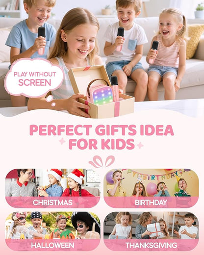 YLL Mini Karaoke Machine for Kids Adults: Portable Loud Speaker with 4 Wireless Microphones -Most Popular Birthday Party Gifts for Girls Boys 3, 4, 5, 6, 7, 8, 9, 10+ Year Old Toys (Pink-4 Mics)