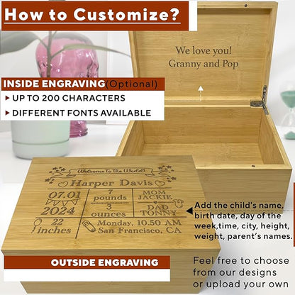 Customized Welcome Baby Box - Newborn Baby Announcement Gifts, Custom Gift for Boy or Girl, Engraved Announcement Boxes with Birth Stats, New Born Keepsake Storage, Welcome to the World Memory Chest