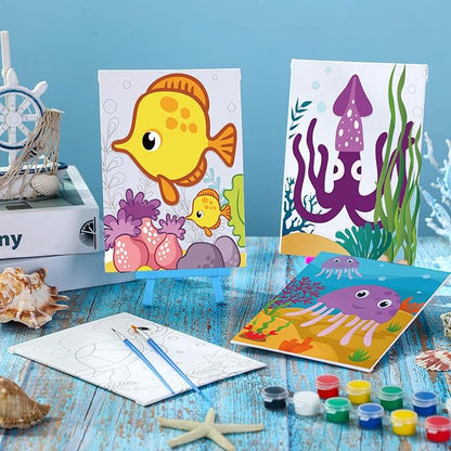 Blosssound 10 Set Pre Printed Canvas Pre Drawn Canvas Painting with Easel Kits 5" x 7" Outline Painting Panels for Beginners, DIY Craft Project, Party Favor, Home Decors(Ocean)
