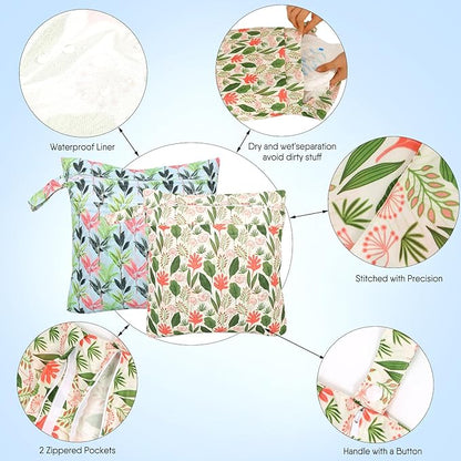 2pcs Cloth Diaper Wet Dry Bags, Waterproof Reusable Wet Bag with 2 Zipper Pockets & Handle, Washable Laundry Bags for Baby Adult Clothes Travel Beach Pool Daycare Yoga Gym Exercise Swimsuits,