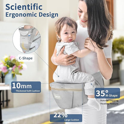 Baby Carrier with Hip Seat,Ergonomic M Position 6in1 Baby Carrier Newborn to Toddler,Head Support and Breathable Mesh Newborn Carrier,Adjustable Baby Holder Carrier for Dad&Mom-Grey