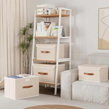 Yawinhe Collapsible Storage Boxes, Linen Fabric Baskets, Bin with lid and Leather Handle, Washable, for Home, Closet, Beige, 15.0''Lx9.8''Wx9.8''H, 3-Pack, USNK024BEL-3