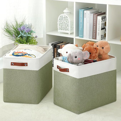 DULLEMELO Extra Large Storage Baskets, 17"x12"x15" Fabric Storage Bins for Organizing Shelves Nursery Toys Books, Collapsible Storage Baskets Rectangular Canvas Bins with Handles, White&Green, 2-Pack