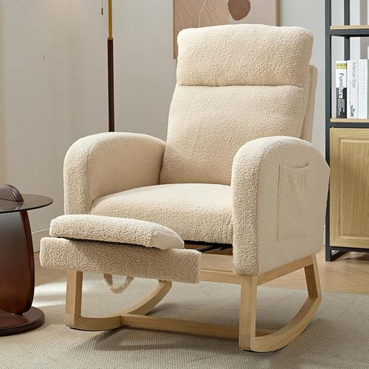 NIOIIKIT Modern Nursery Rocking Chair, Teddy Upholstered Rocking Chair with Footrest, Comfortable Rocker Recliner with Side Pocket, Glider Rocker for Living Room, Bedroom, Nursing Room (Cream)