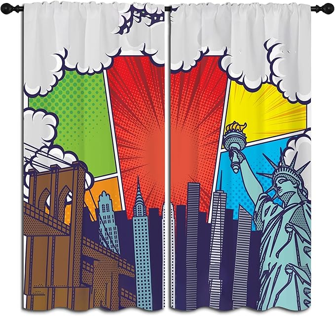 City Rod Pocket Blackout Curtains for Boy Girl Bedroom, Pop Art Style New York Cityscape Thermal Insulated Home Window Drapes for Living Room Darkening, 84x72 inch