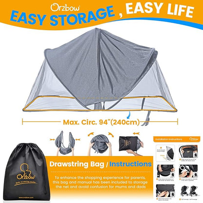 Orzbow 2-in-1 Baby Mosquito Net with UPF50+ Sunshade for Stroller, Breathable Stroller Mosquito Netting Privacy Cover with Two-Way Zipper & Storage Bag for Bassinet, Car Seat & Carrycot, Grey