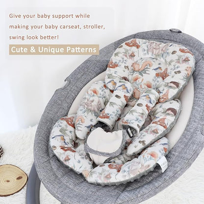 Infant Car Seat Insert, Car Seat Head Support Baby Girls Boys, Soft & Reversible Newborn Carseat Insert Cushion with 2 Strap Covers, for Stroller, Swing, Bouncer (Gray Animals)