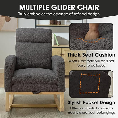 NIOIIKIT Modern Nursery Rocking Chair, Teddy Upholstered Rocking Chair with Footrest, Comfortable Rocker Chair with Side Pocket, Rocker Chair for Living Room, Bedroom, Nursing Room (Grey)