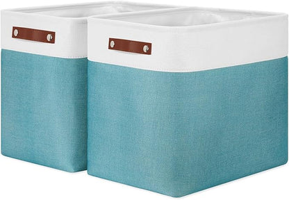 DULLEMELO Extra Large Storage Baskets, Fabric Storage Bins for Organizing Shelves Nursery Toys Books, Closet Baskets and Bins with Handles, White&Teal, 2-Pack