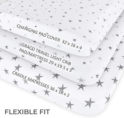 Ely’s & Co. Patent Pending Waterproof Changing Pad Cover|Cradle Sheet 2-Pack Set for Baby Boy - 100% Cotton, Jersey Knit Cotton Sheets with Waterproof Lining — Grey Stars