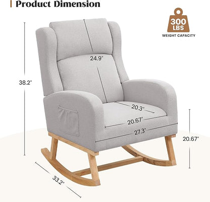 Rocking Chair Nursery, Nursing Rocking Chairs for Mom Nursery, Comfy Wingback Glider Rocking Armchair with Side Pocket for Nursery Living Room Bedroom, Light Grey