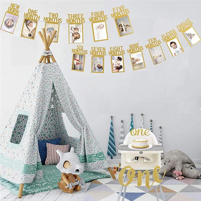 First Birthday Photo Banner Monthly Milestone Photograph Bunting Garland with First Birthday Cake Topper High Chair Banner 1st Birth Decorations