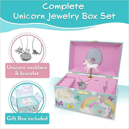 The Memory Building Company Unicorn Musical Jewelry Box, Classic Melody Storage Organizer Kids Ages 6-12, Wood Construction w/ 2 Compartments