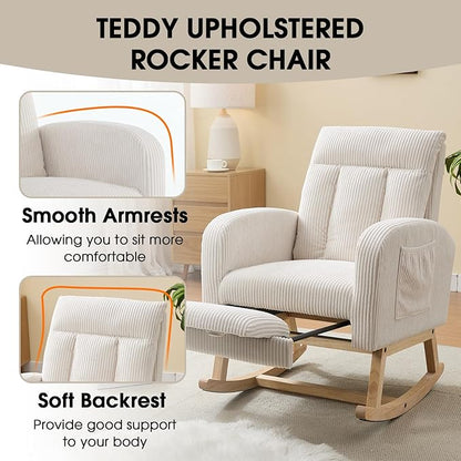 NIOIIKIT Nursery Rocking Chair, Corduroy Upholstered Rocking Chair with Adjustable Footrest, Tufted Rocker Chair with Side Pocket, Glider Rocker for Living Room, Bedroom (Cream Casual)