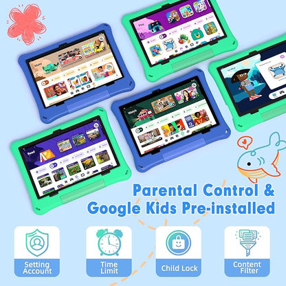 Kids Tablet, 10.1 Inch Android 15 Tablet for Kids, 12GB+64GB, Octa-Core, 6000mAh Battery, WiFi 6, Pre-Installed Kids Apps, Parental Control, ABCmouse for 30-Days Free, with EVA Protective Case (Green)