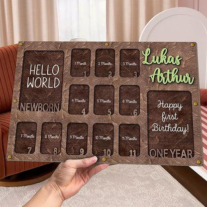 Personalized My First Year Photo Frame | 12 Months Picture Frame For Baby First Year | Displays Two 4x6 Photo and Eleven 2x3 Pictures | Birthday Party Decor Newborn Memory Keepsake, Style MP1
