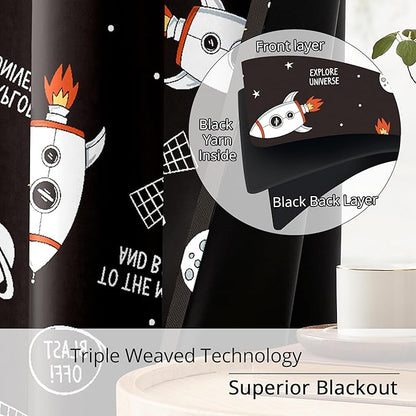 Kids Space Rocket Blackout Curtains - 100% Blackout, Thermal Insulated, Noise Reducing, Perfect for Kids Room and Nursery, 2 Panels (Blast-Off Moon Mission, W52×L63)