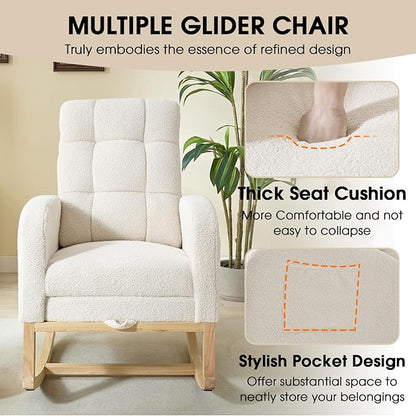NIOIIKIT Modern Nursery Rocking Chair, Teddy Upholstered Rocking Chair with Footrest, Comfortable Rocker Chair with Side Pocket, Rocker Chair for Living Room, Bedroom, Nursing Room (White)